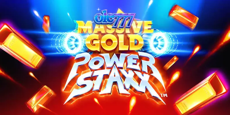 Tampilan layar permainan slot Massive Gold Power Staxx dengan tema luar angkasa dan simbol emas.